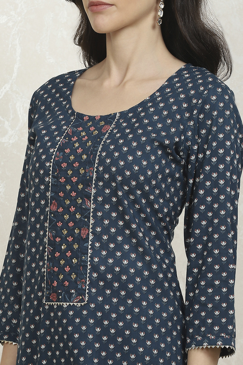 Navy Blue Cotton Printed Unstitched Suit Set image number 2