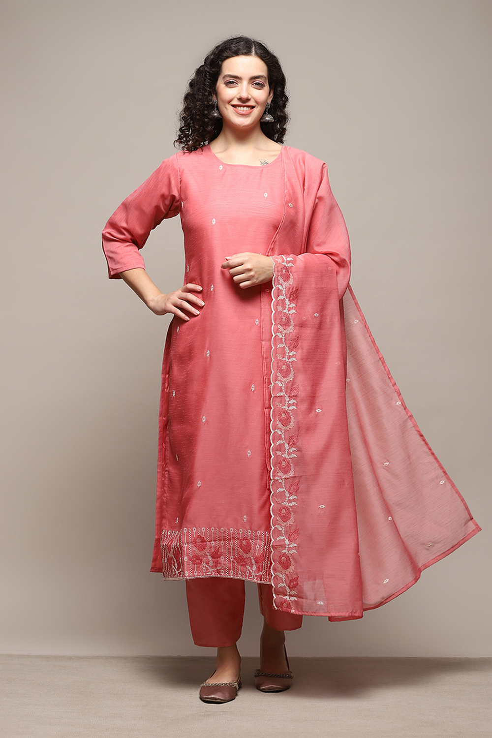 Pink Linen Blend Unstitched Suit Set image number 1