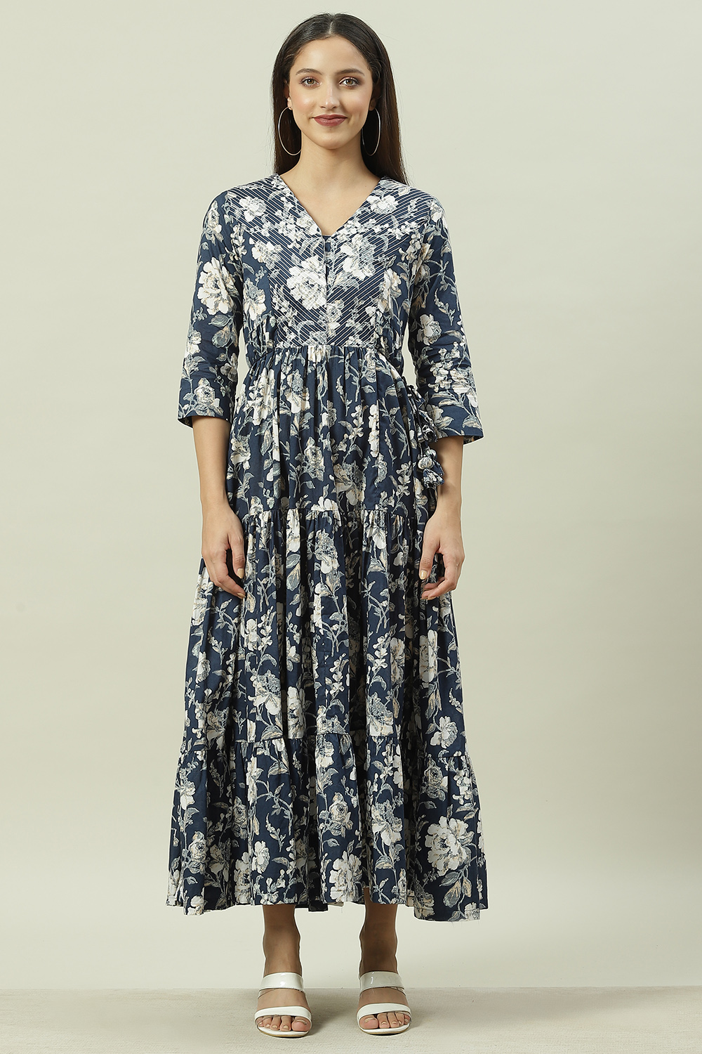 Navy Cotton Tiered Printed Dress image number 5