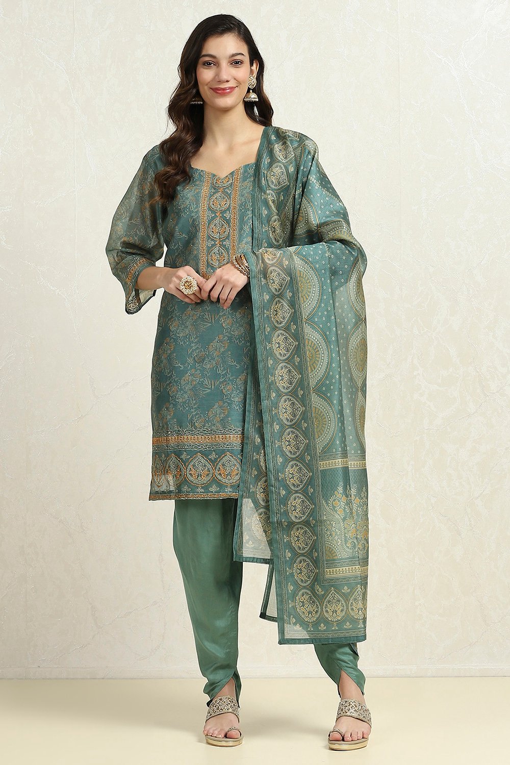 Grey Chanderi Printed Unstitched Suit Set image number 7