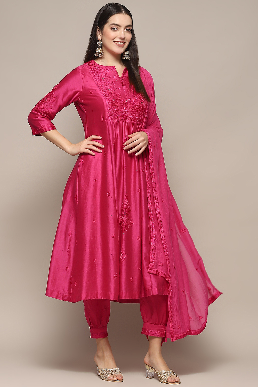 Fuchsia Cotton Silk Straight Kurta Salwar Suit Set image number 6