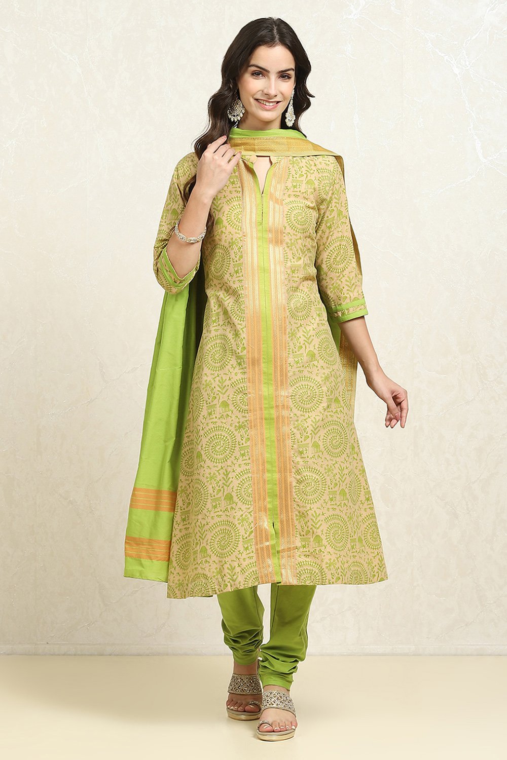 Green Cotton Handloom Unstitched Suit Set image number 1