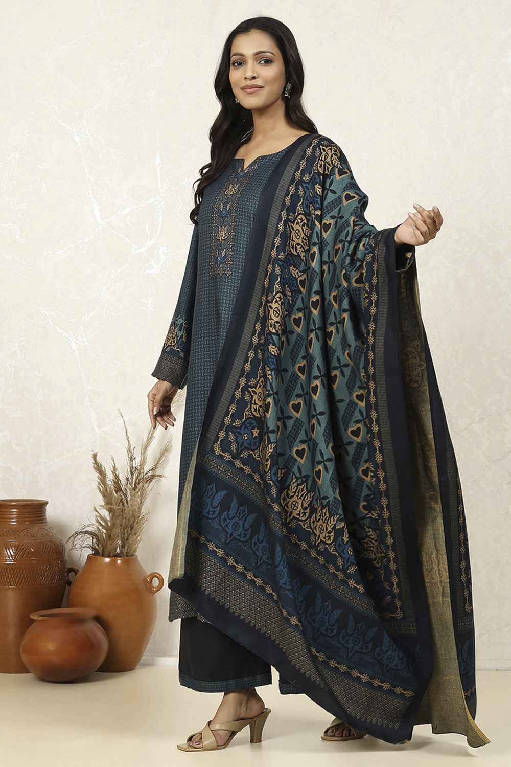 Blue Pashmina Machine Embroidery Unstitched Suit Set image number 4