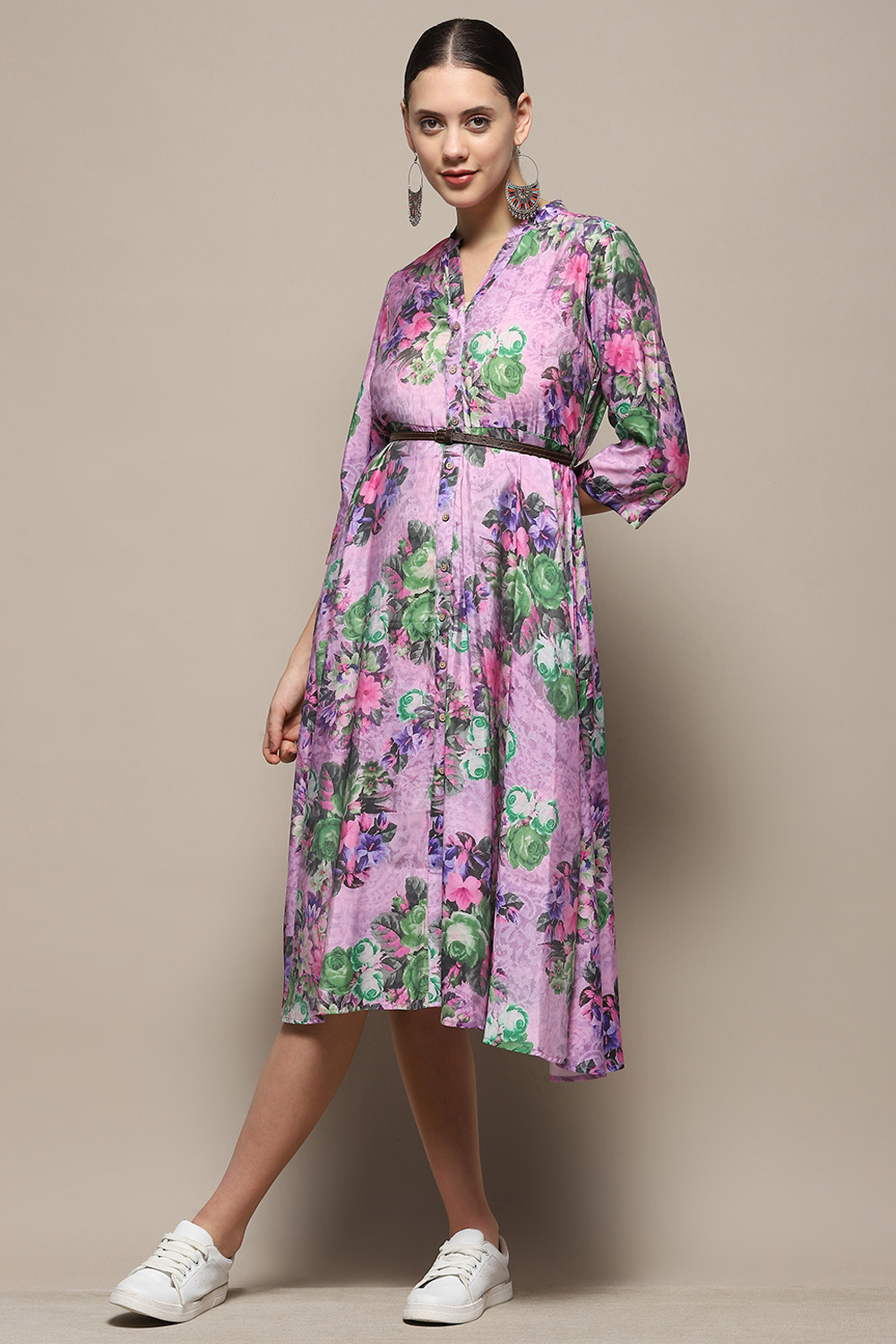 Purple Floral Block Printed A-line Dress image number 0