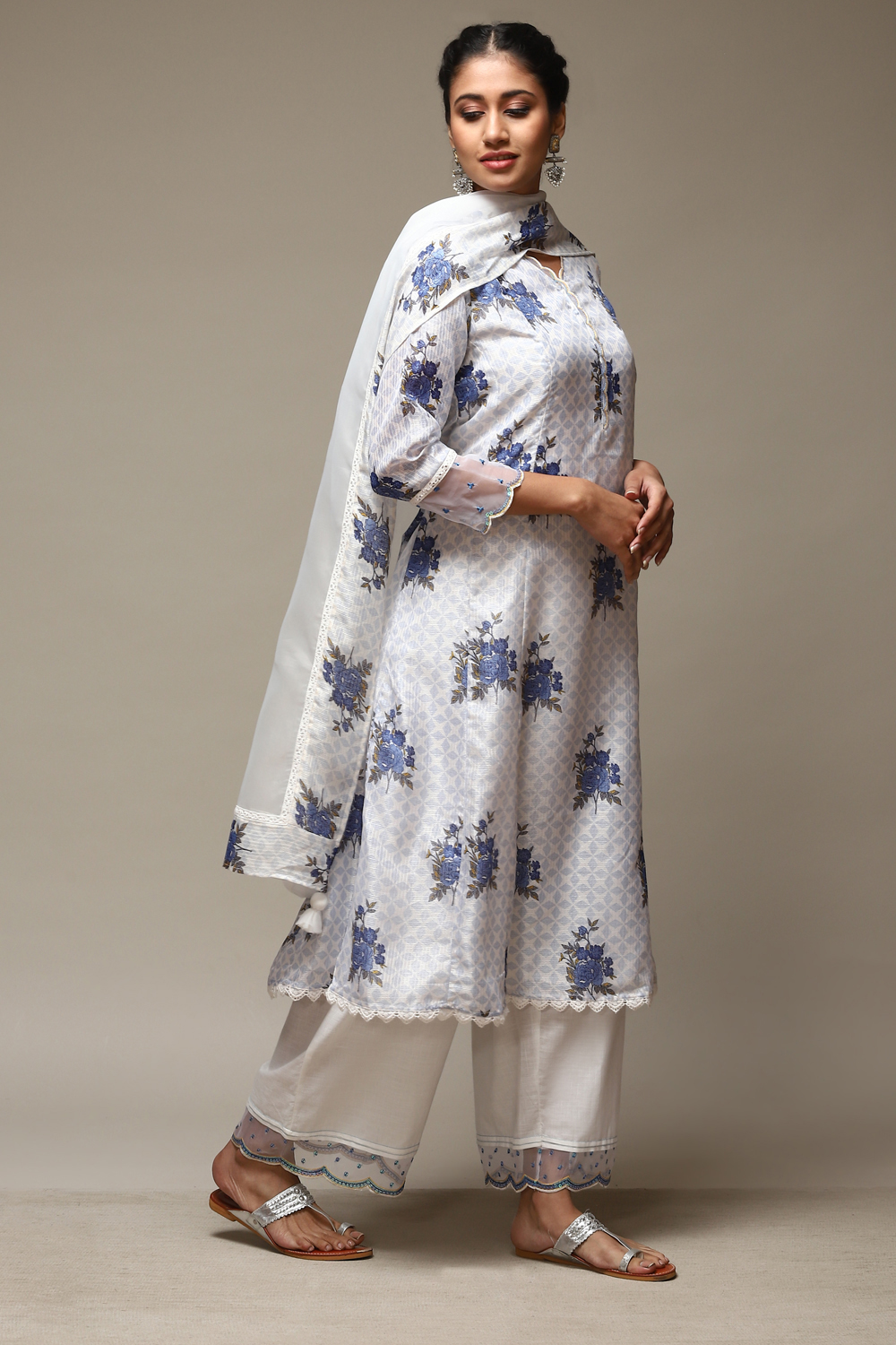 Off White Cotton Blend A-Line Kurta Palazzo Suit Set image number 6