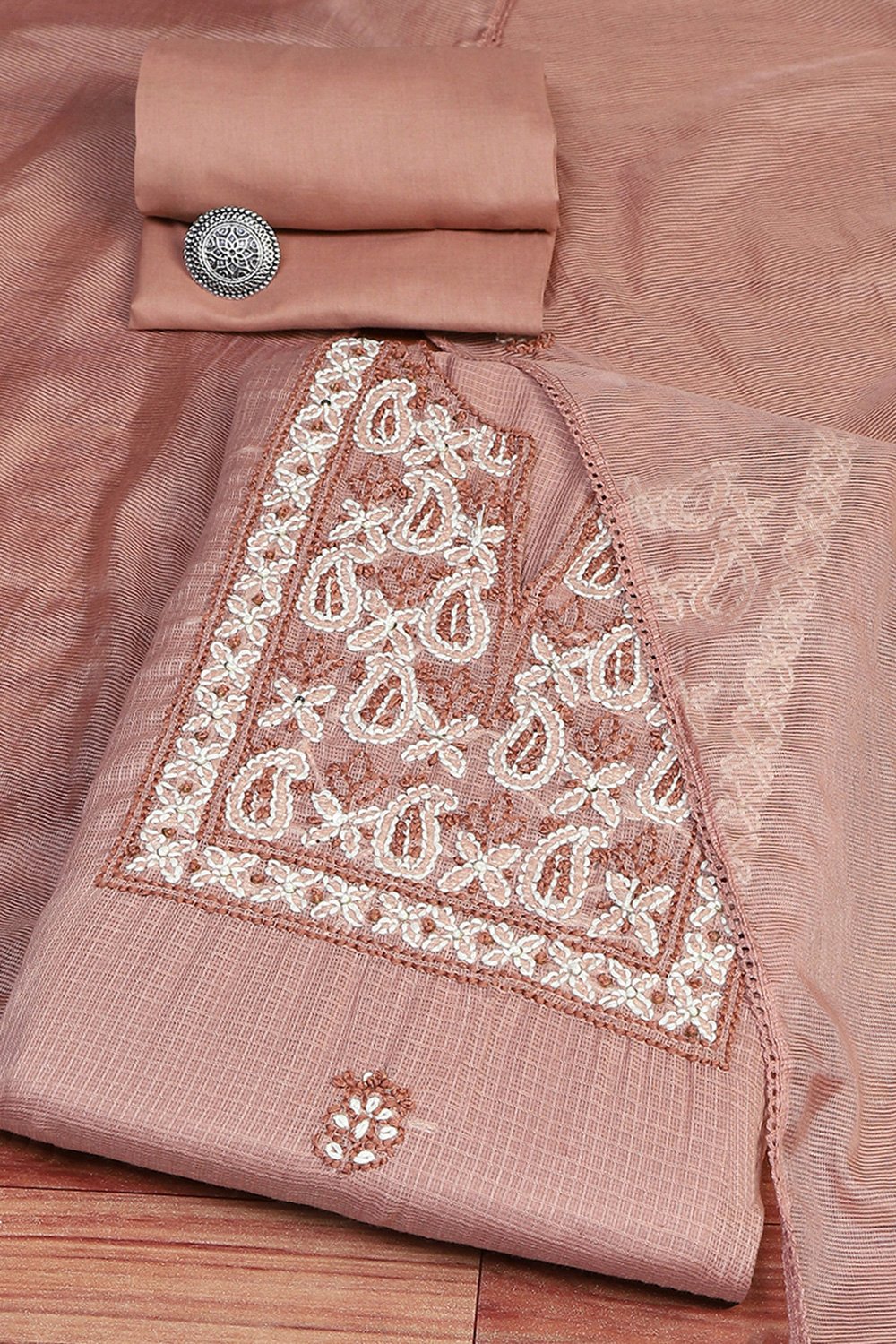 Brown Cotton Hand Embroidered Unstitched Suit Set image number 0