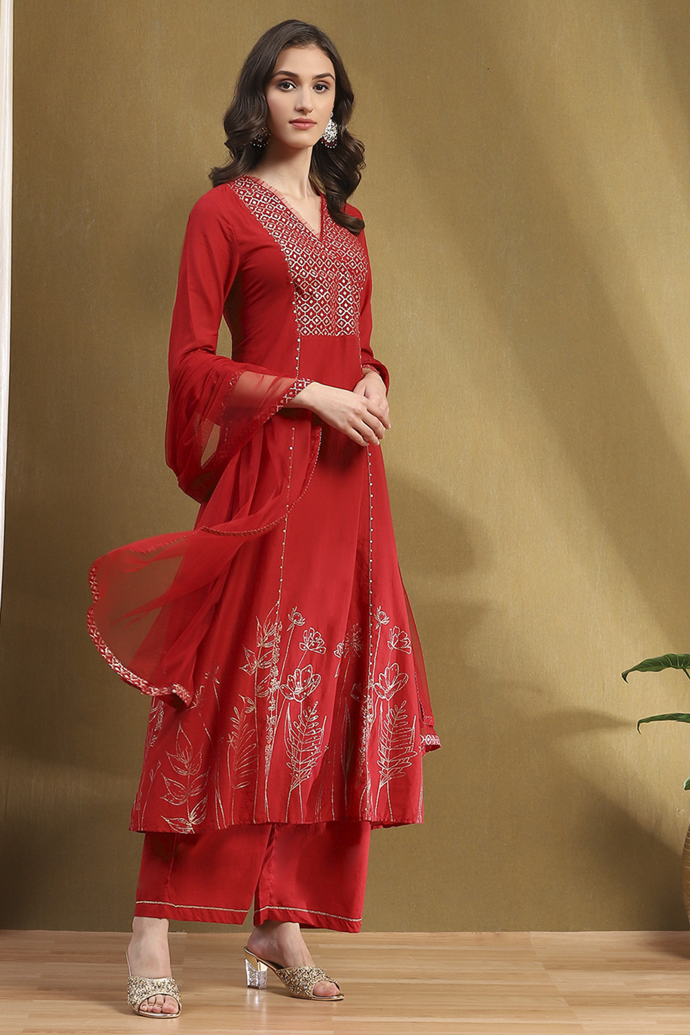 Red Cotton Printed Festive A-Line Suit Set image number 5