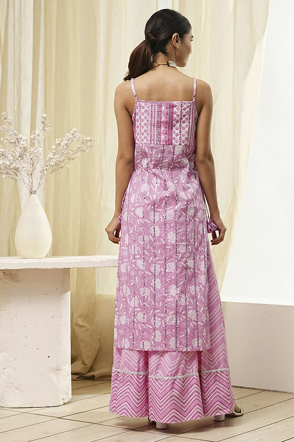 Pink Cotton Floral Strappy Straight Suit Set image number 4