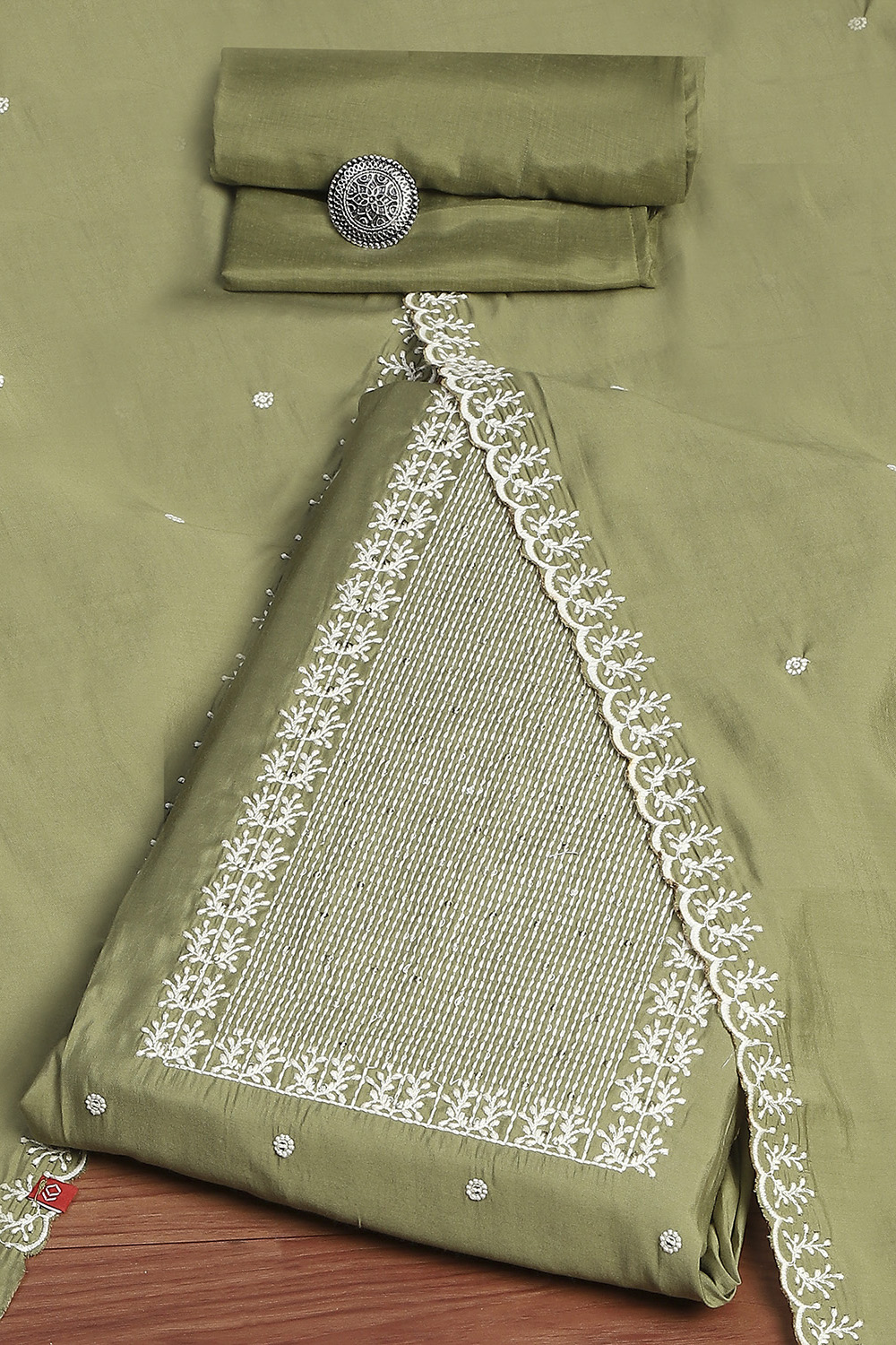 Green Silk Blend Machine Embroidered Unstitched Suit Set image number 0