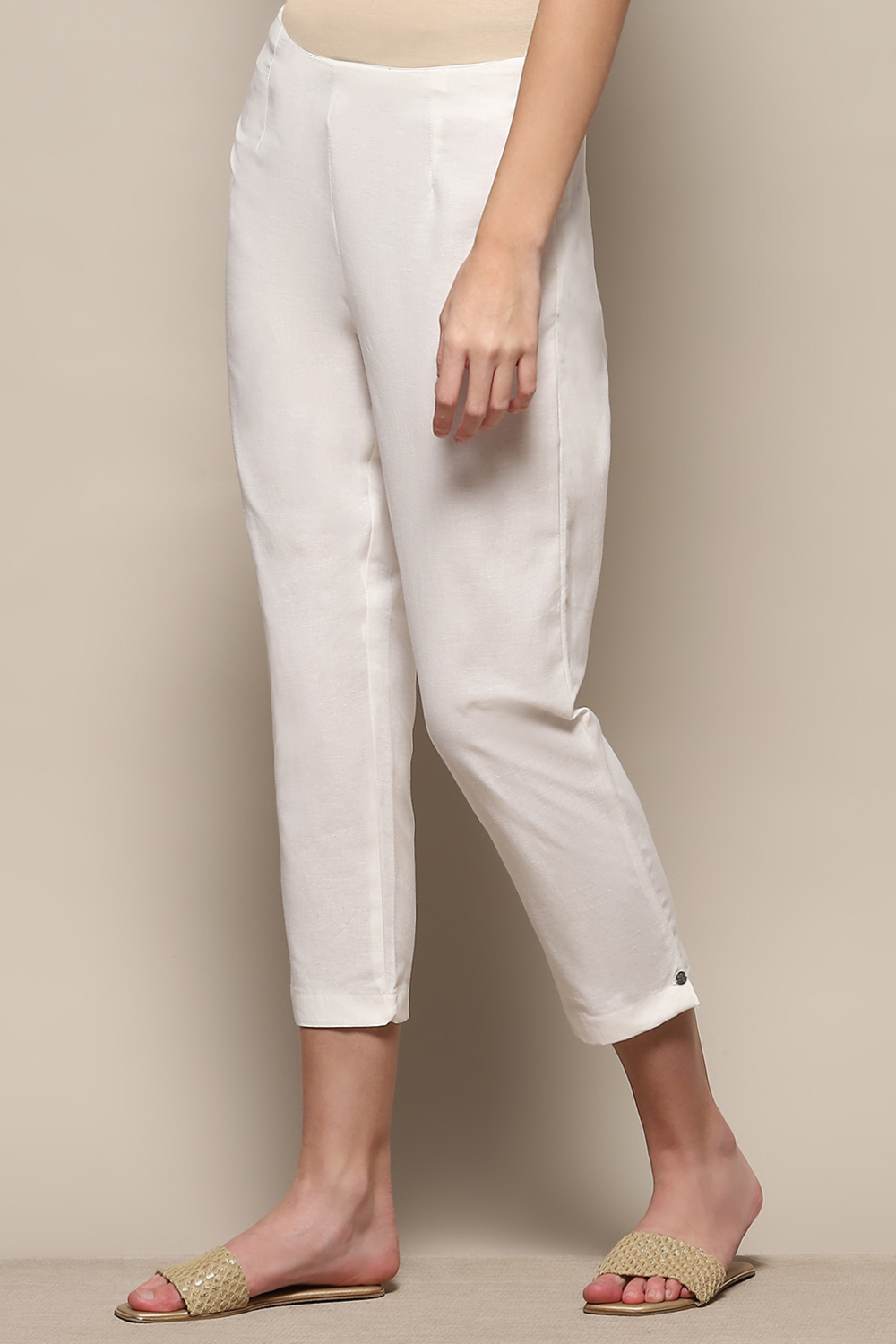 White Solid Cotton Blend Narrow Pants image number 2