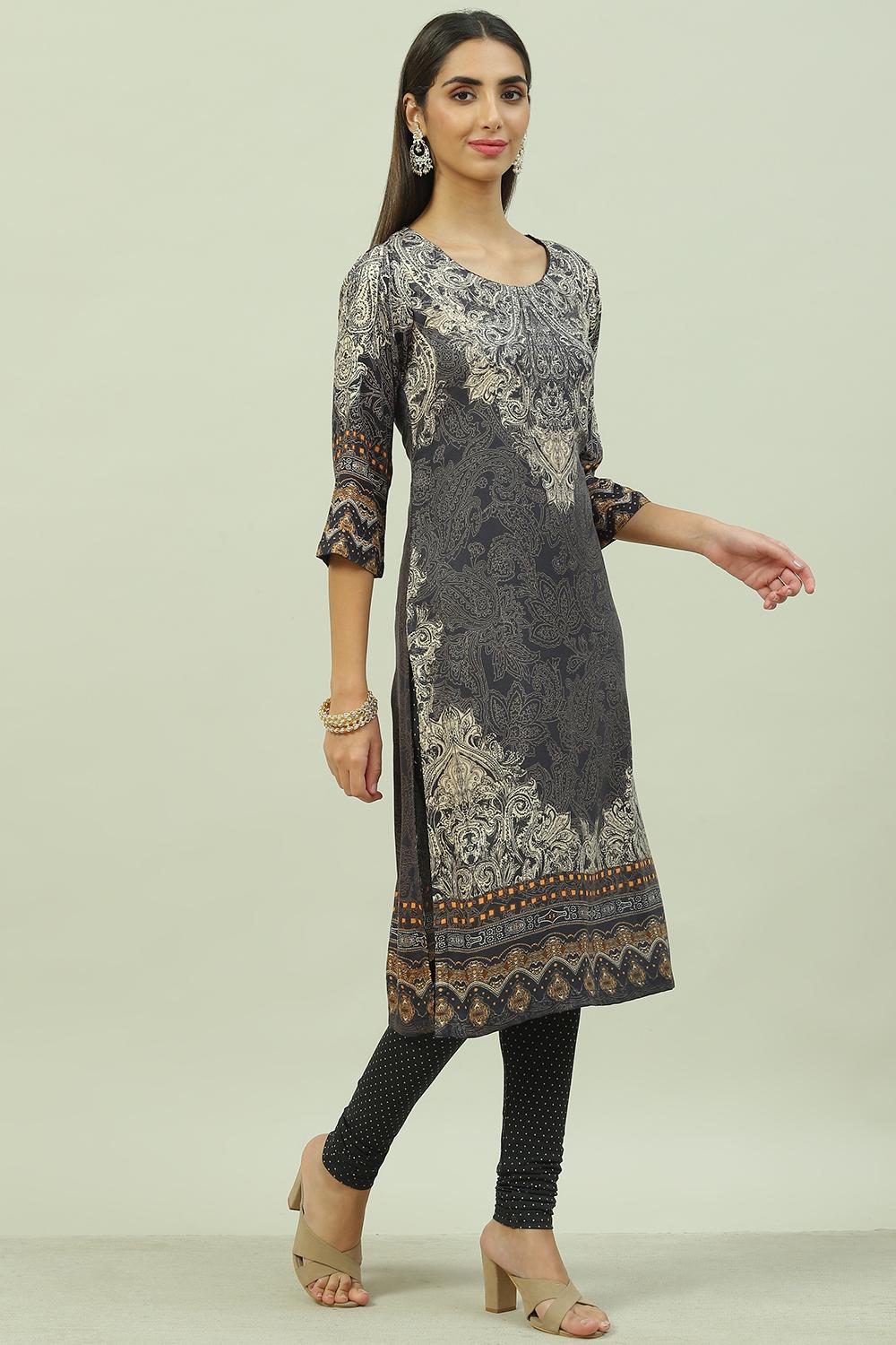 Black LIVA A-Line Printed Kurta image number 5