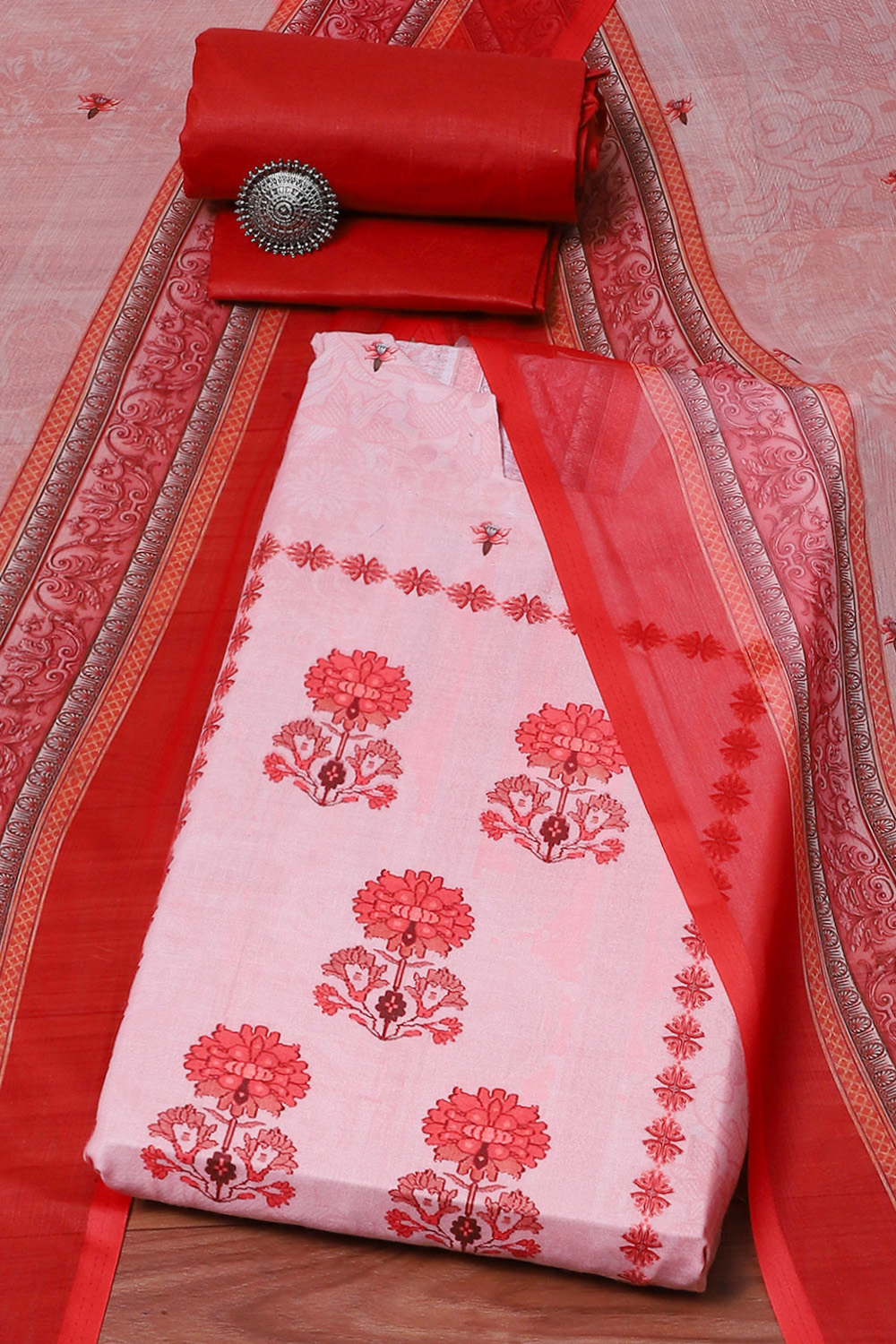 Red Cotton Blend Floral Digital Print Unstitched Suit Set image number 0