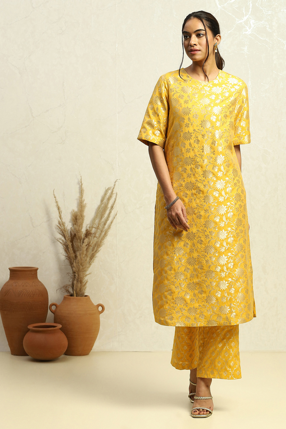 Yellow Jacquard Printed Straight Kurta Set image number 0