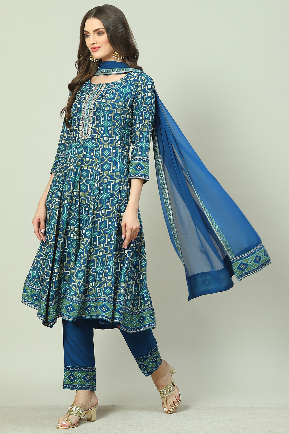 Indigo LIVA Kalidar Kurta Pant Suit Set at Biba India