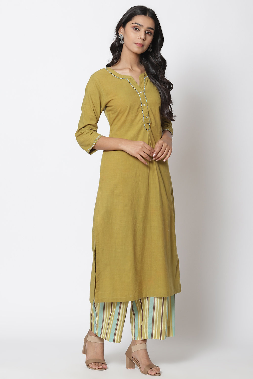 Olive Green Viscose Straight Kurta Palazzo Suit Set image number 5