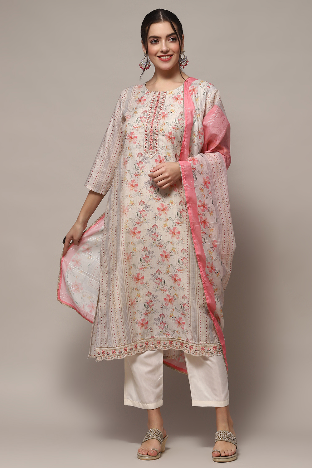 White Pink Chanderi Blend Unstitched Suit set image number 1