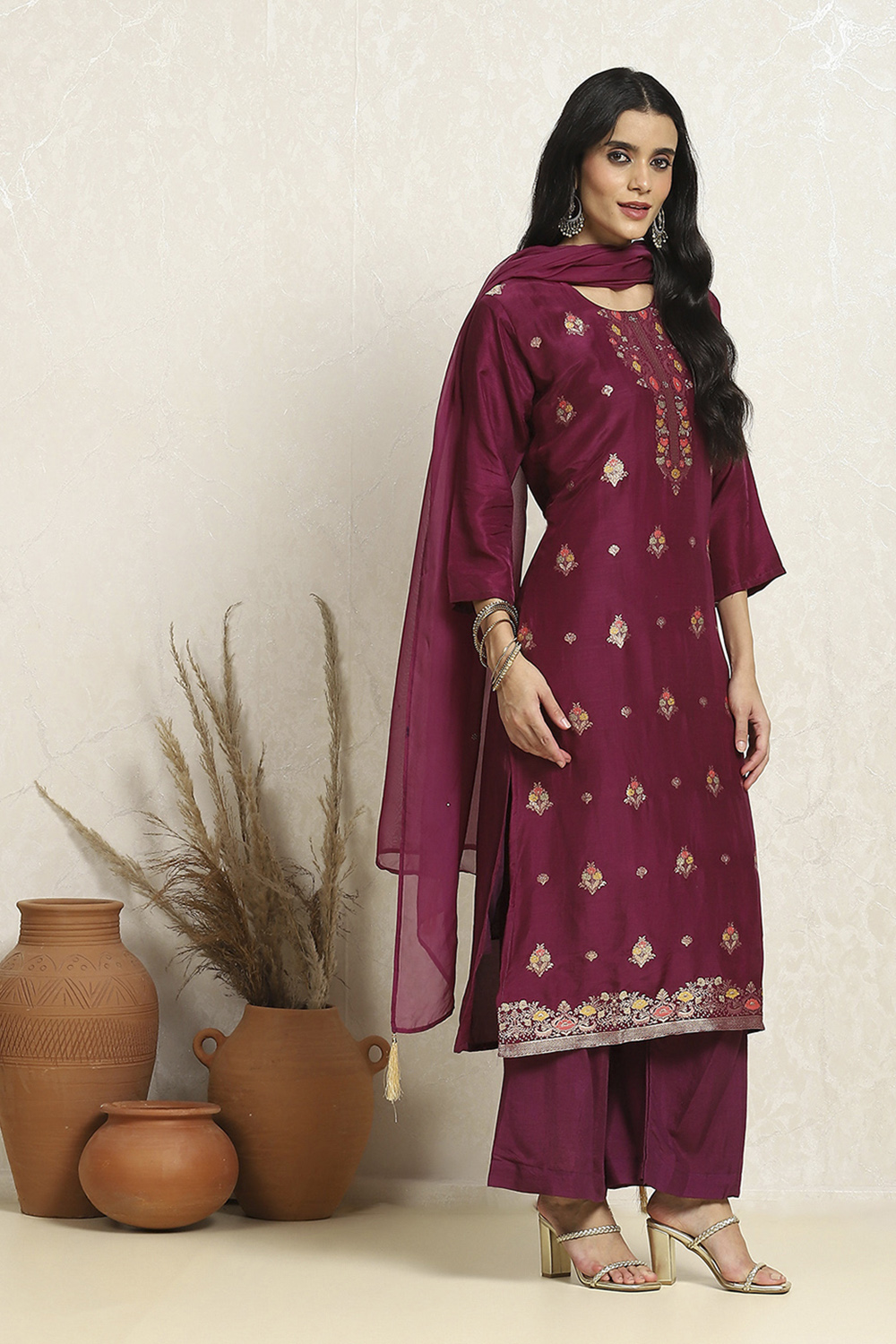 Red Viscose Silk Floral Woven Unstitched Suit Set image number 6