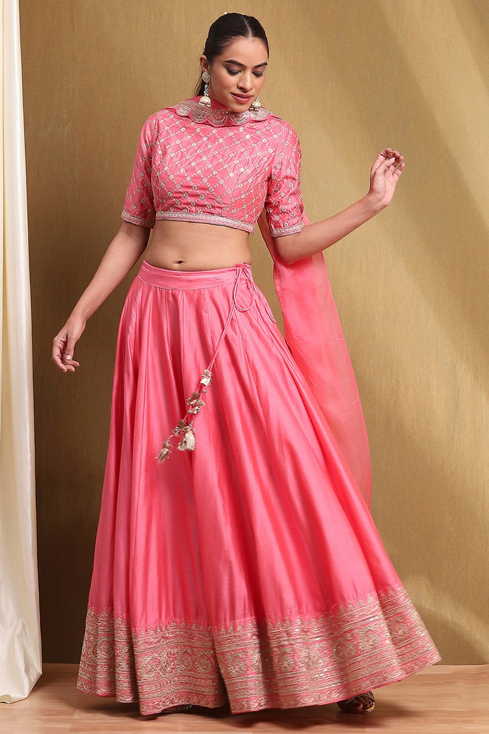 Coral Cotton Blend Straight Lehengas & Skirt Set image number 3