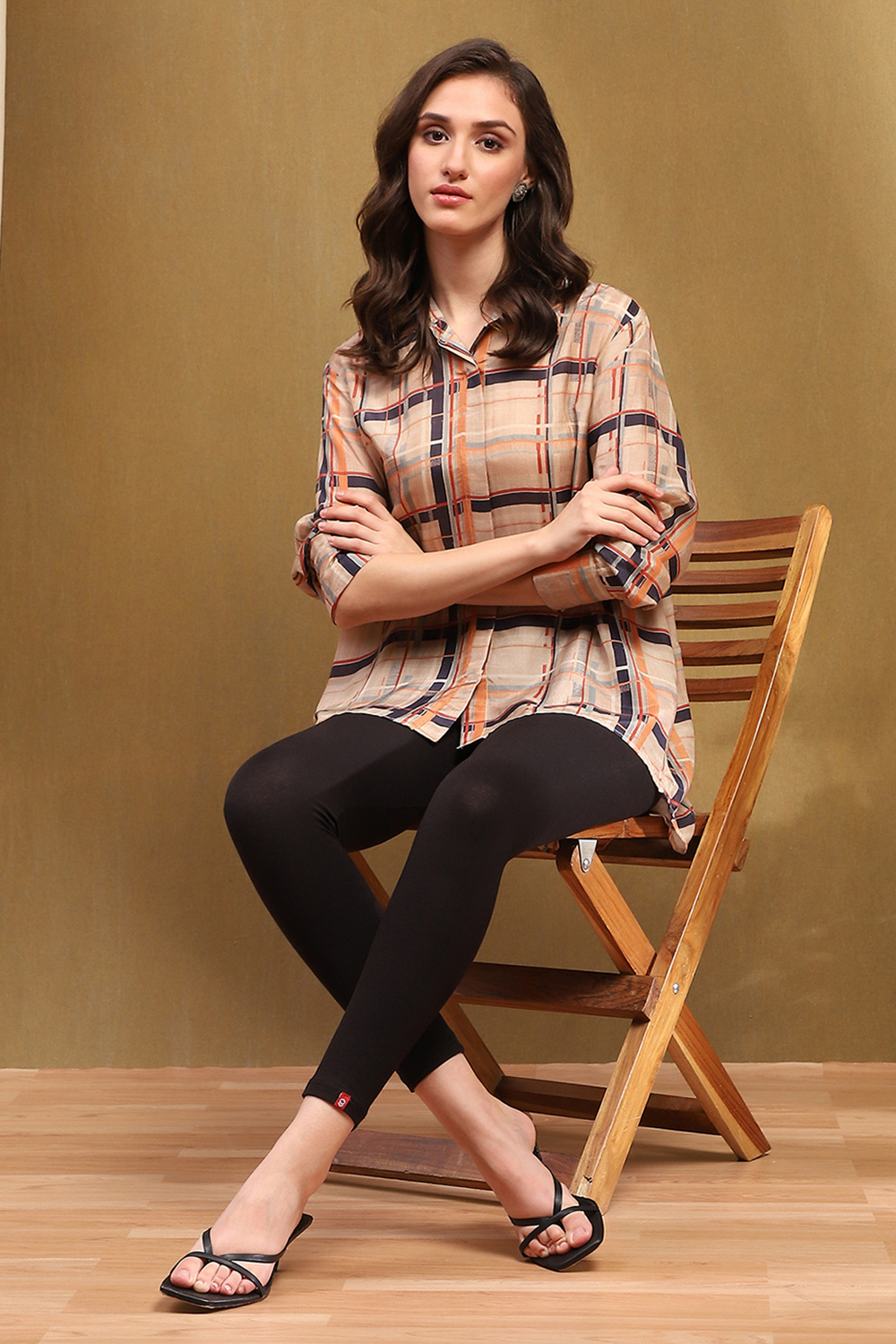 Beige Viscose Blend Checked Shirt-Style Kurti image number 6