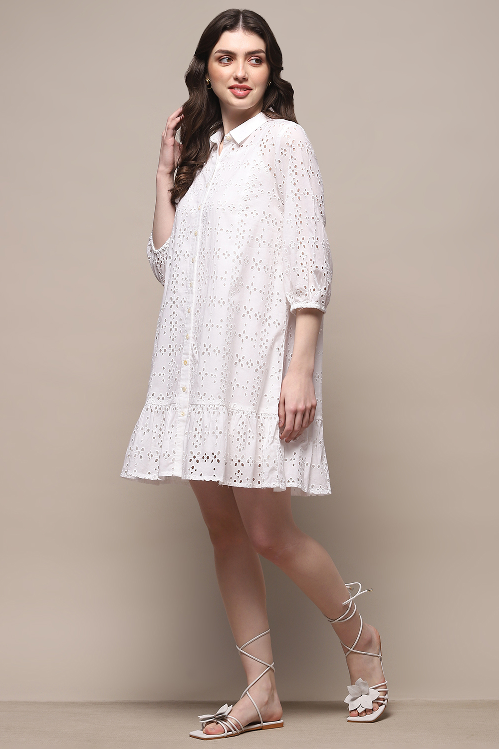 White Pure Cotton Schiffli Tiered Dress image number 2