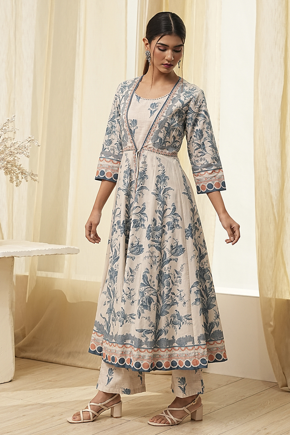 Beige and Blue Printed Front Open Kurta Set image number 3