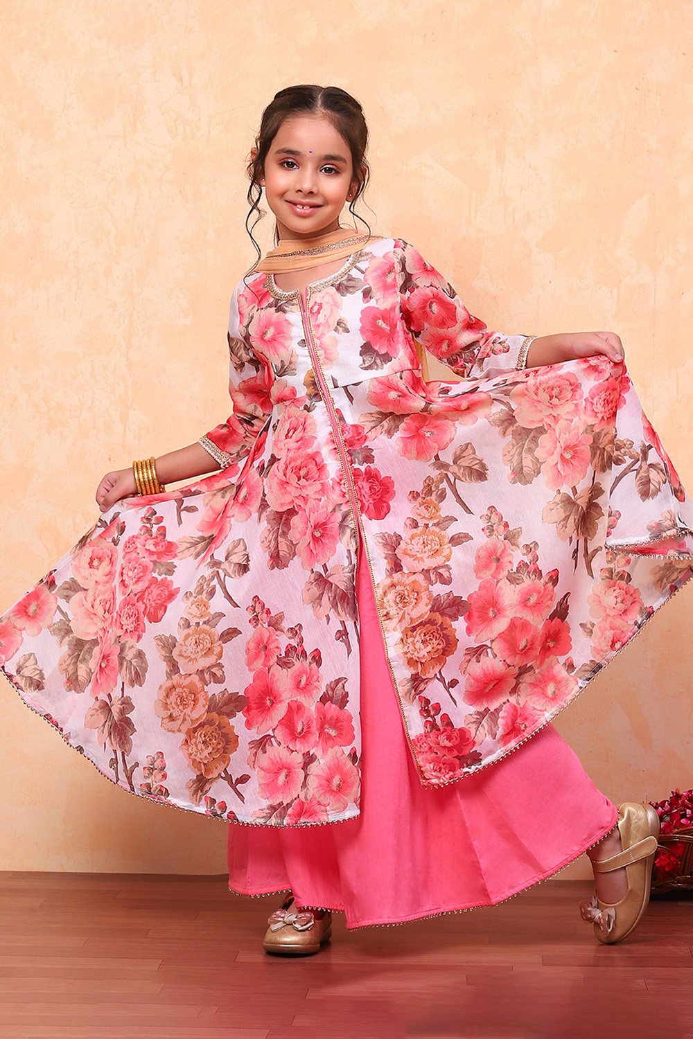 White and Pink Floral Printed Flared Festive Suit Set image number 0