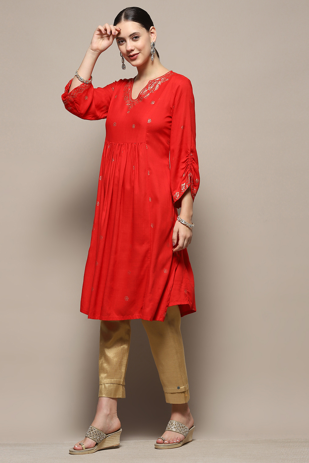 Red Foil Printed Gathered A-Line Kurta image number 3