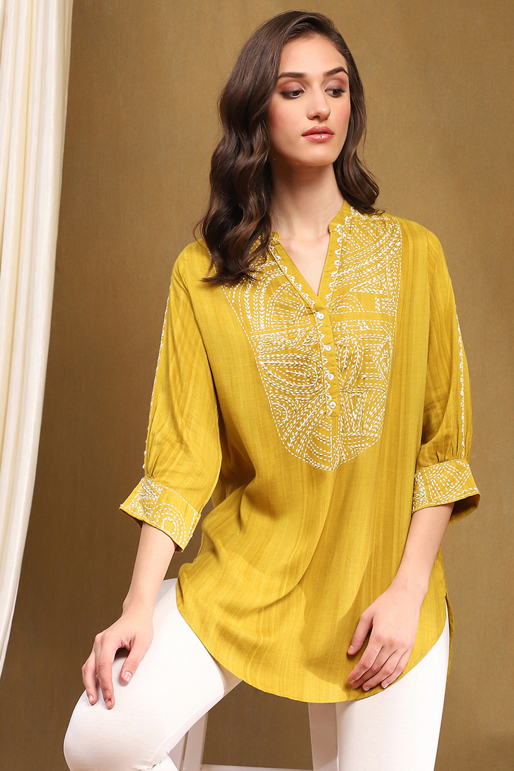 Mustard Yellow Liva Thread Work Straight Kurti image number 6