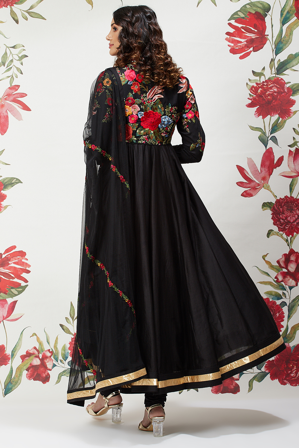 Rohit Bal Black Cotton Silk Anarkali Embroidered Suit image number 7