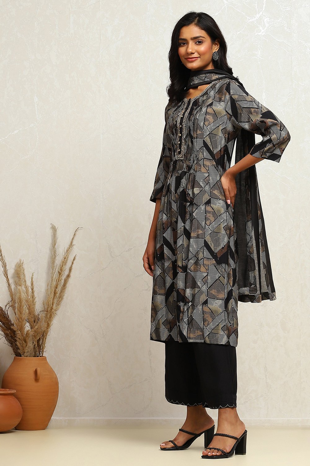 Black Modal Chanderi Printed Gathered A-line Suit Set image number 3