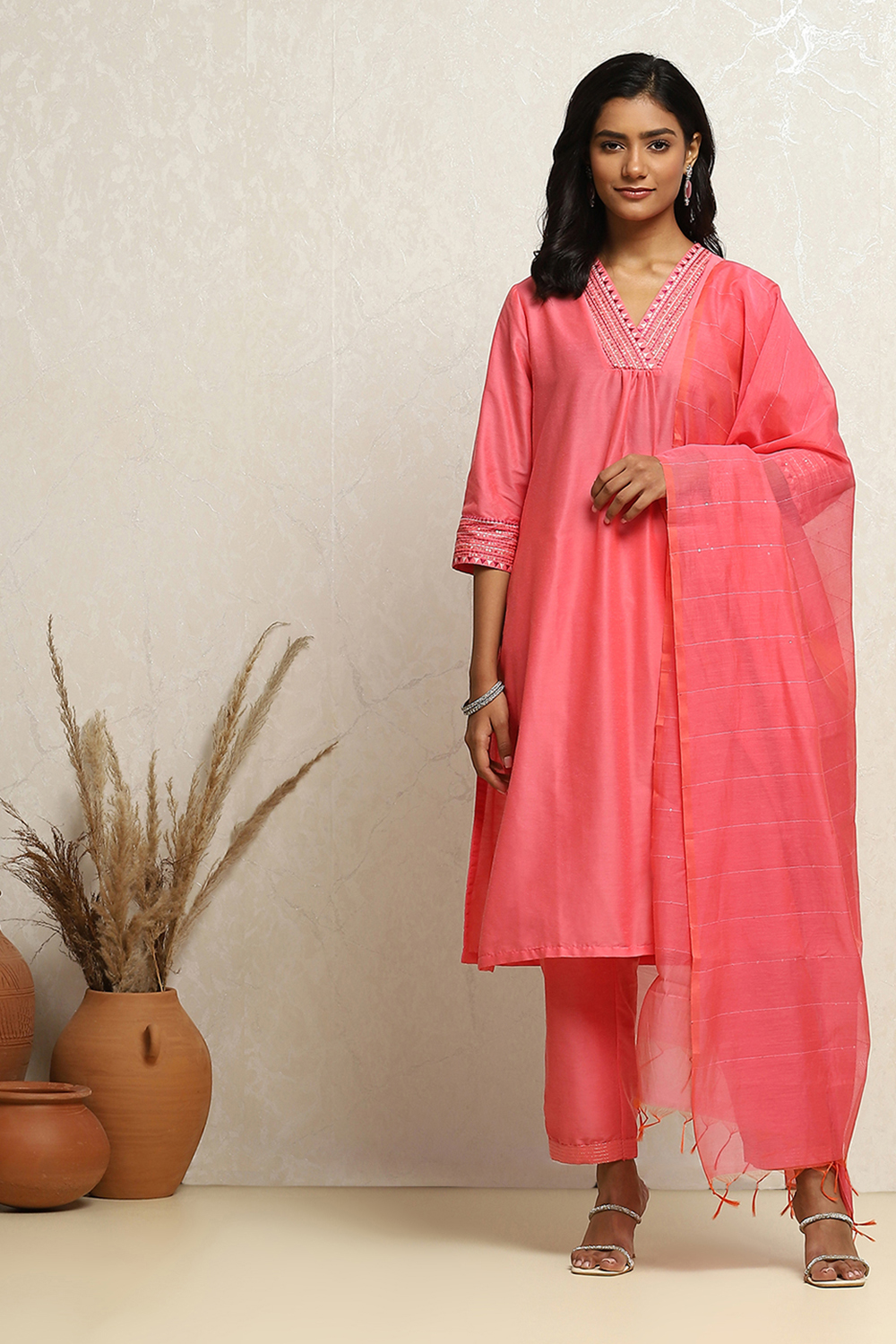 Light Pink Solid Festive Straight Suit Set image number 6