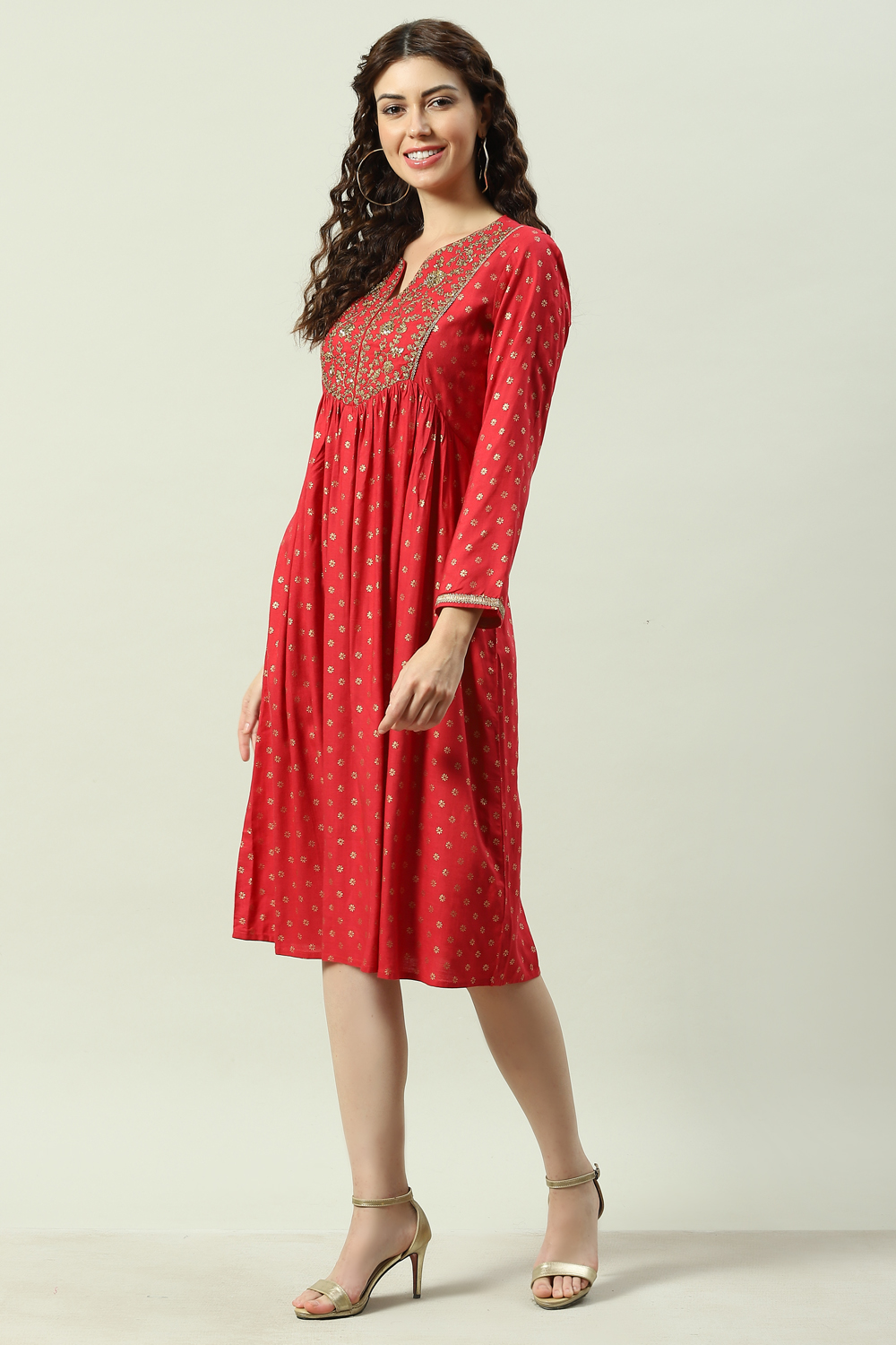 Green Rayon Flared Printed Kurta Dress image number 2