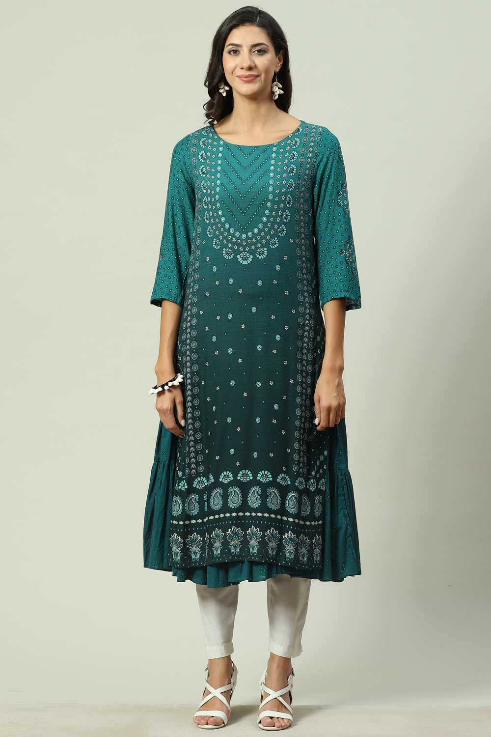 Teal LIVA Double Layered Printed Kurta image number 0