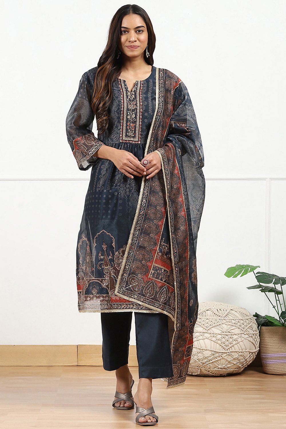 Blue Chanderi Printed Gathered Unstitched Suit Set image number 5