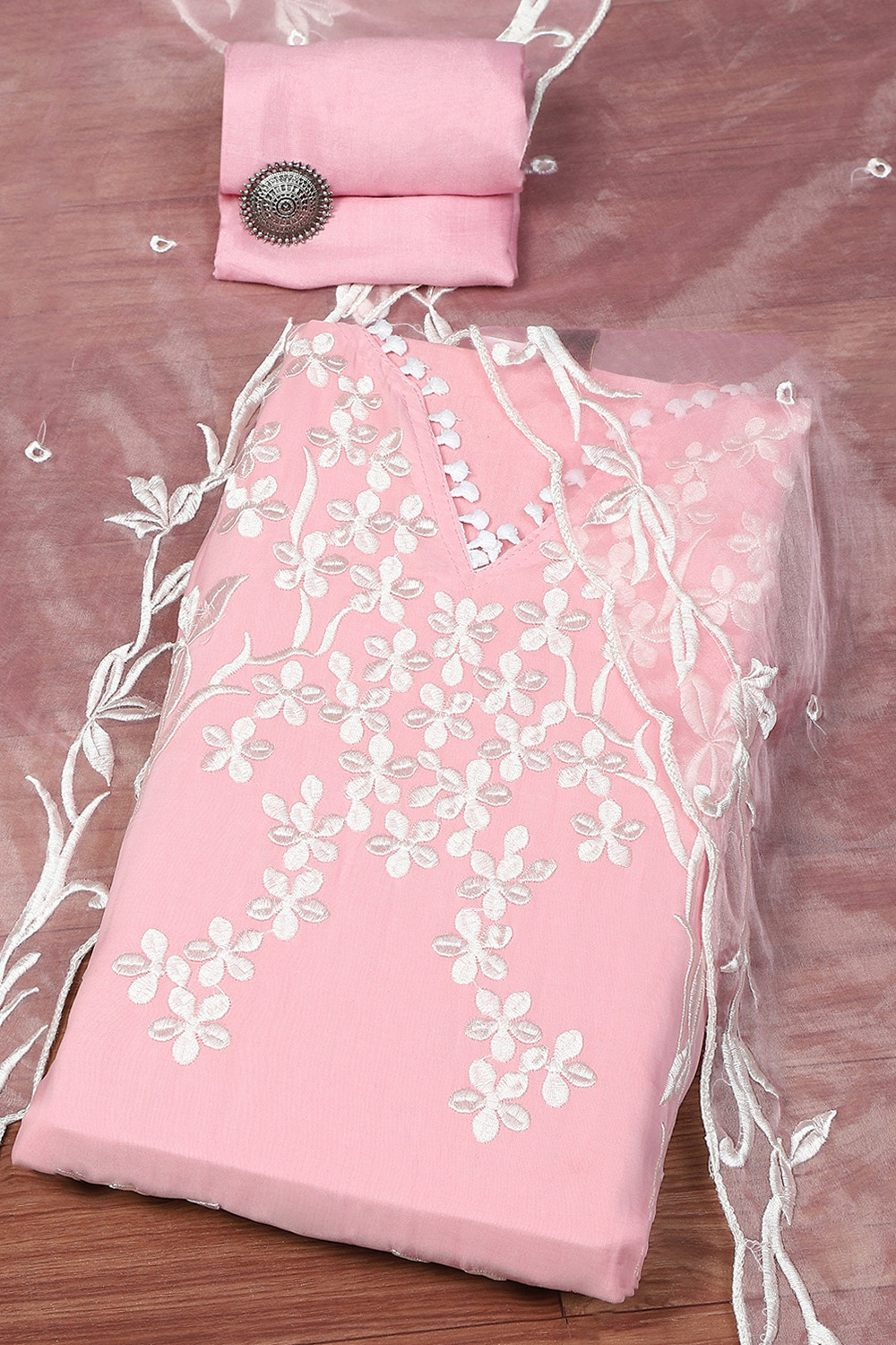 Pastel Pink Organza Unstitched Suit set image number 0