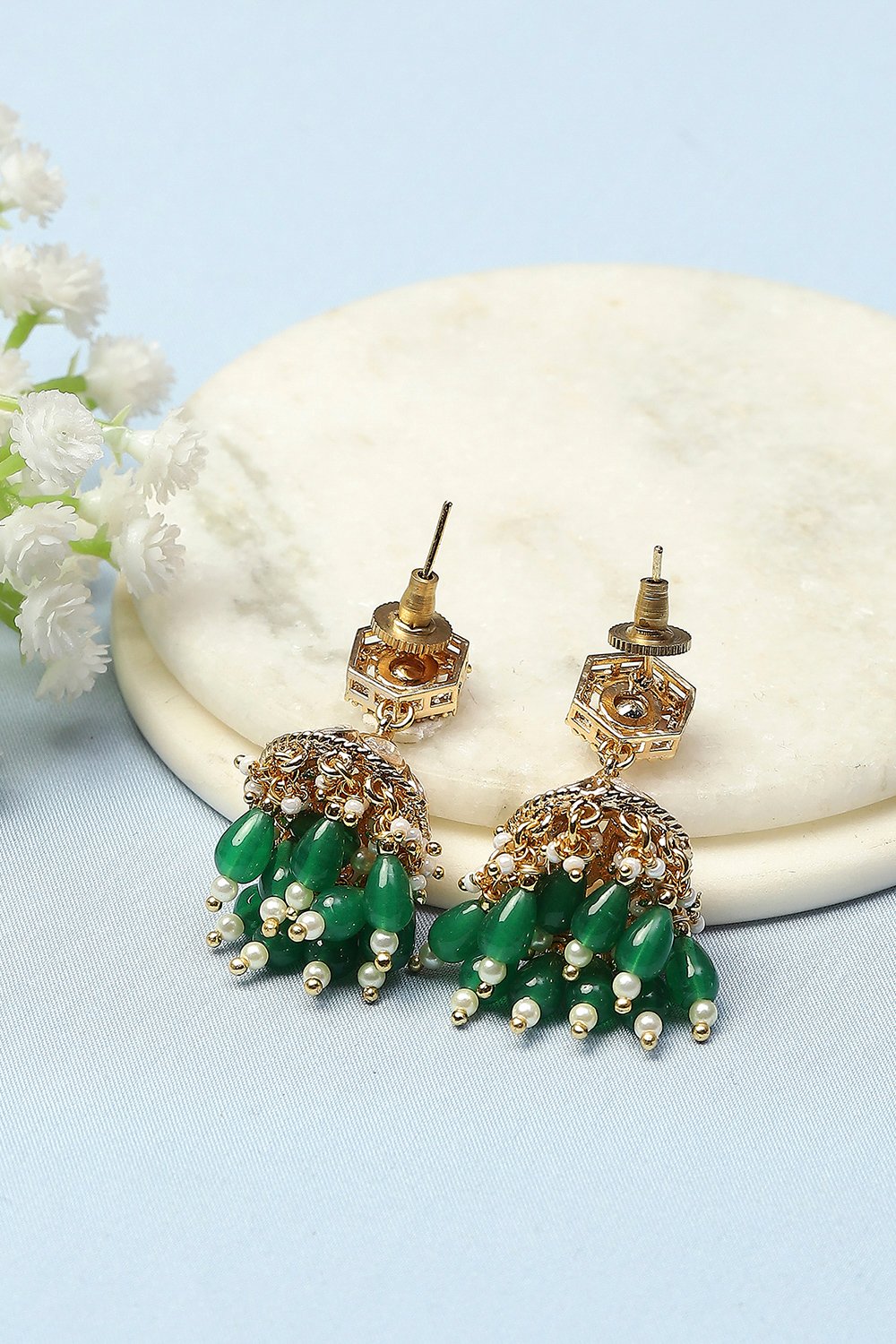 Green Kundan Festive Jhumka image number 2