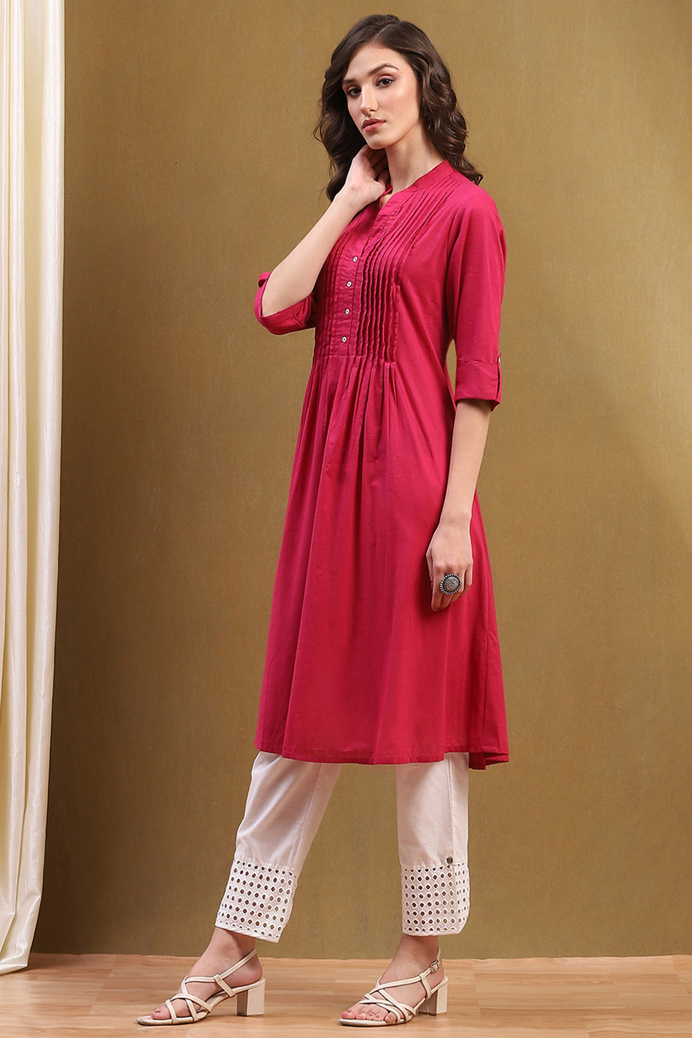 Pink Cotton Solid Pleated A-Line Kurta image number 2