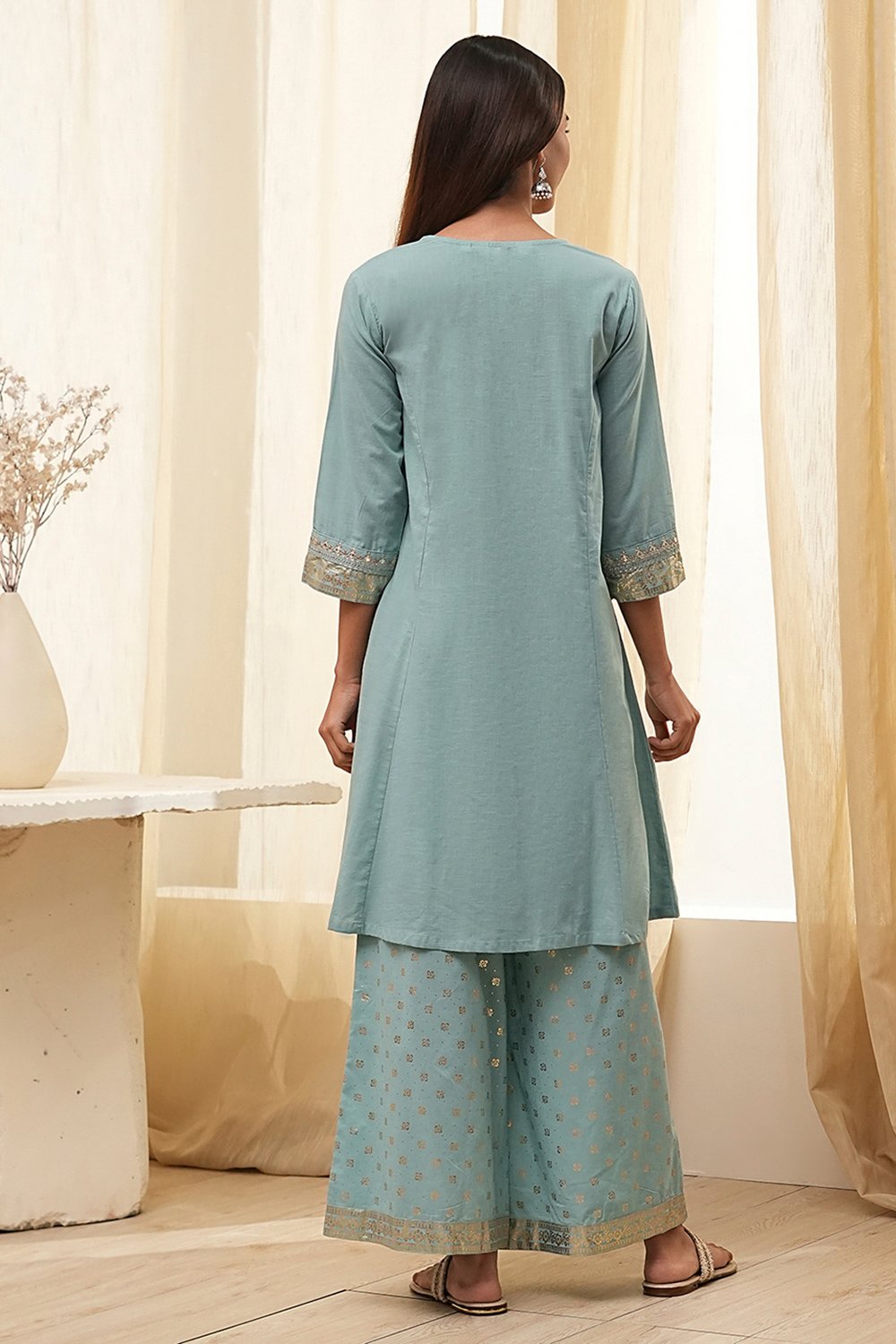 Dull Blue Cotton Kalidar Suit Set image number 4