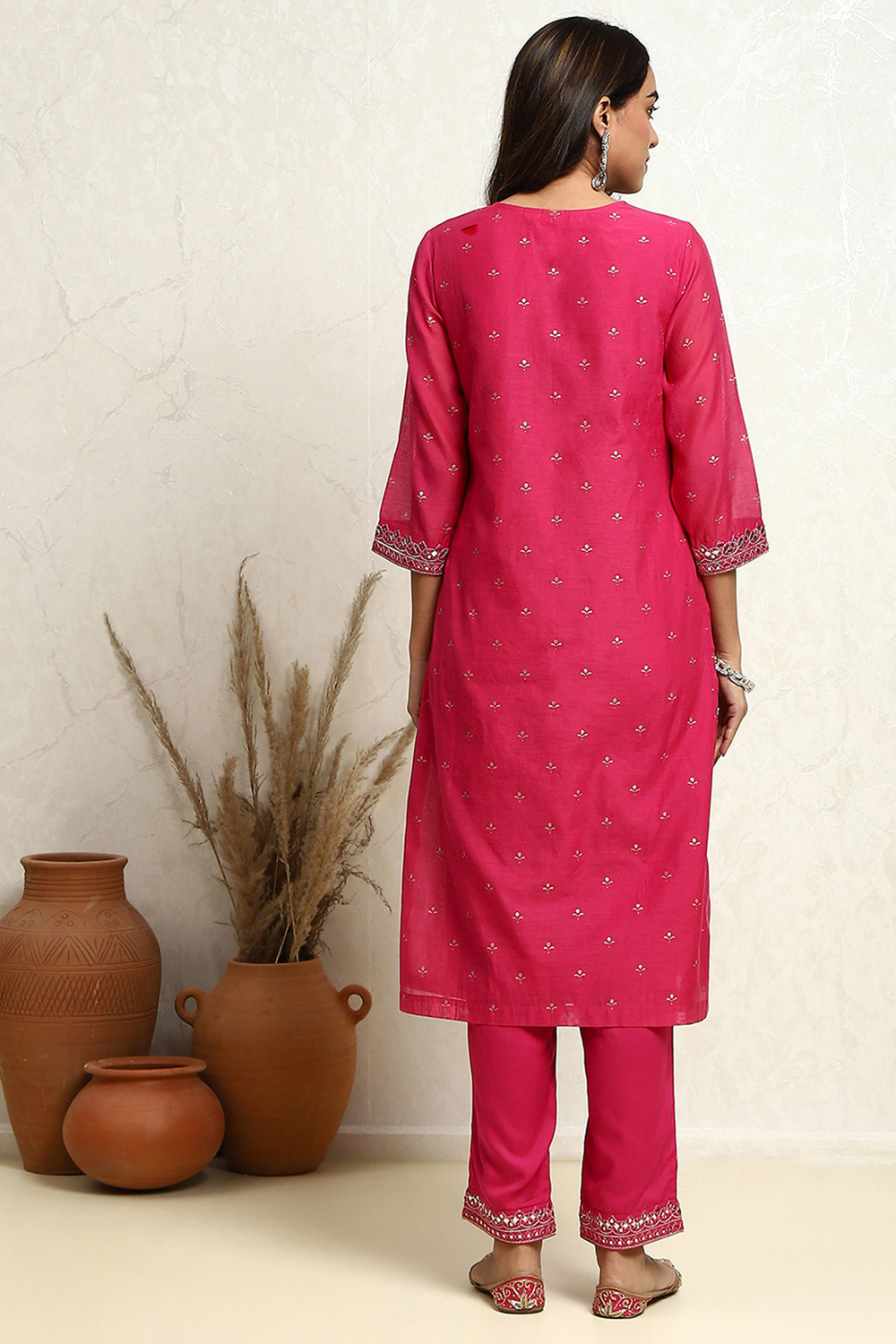 Fuchsia Poly Chanderi Embroidered Festive Straight Suit Set image number 4