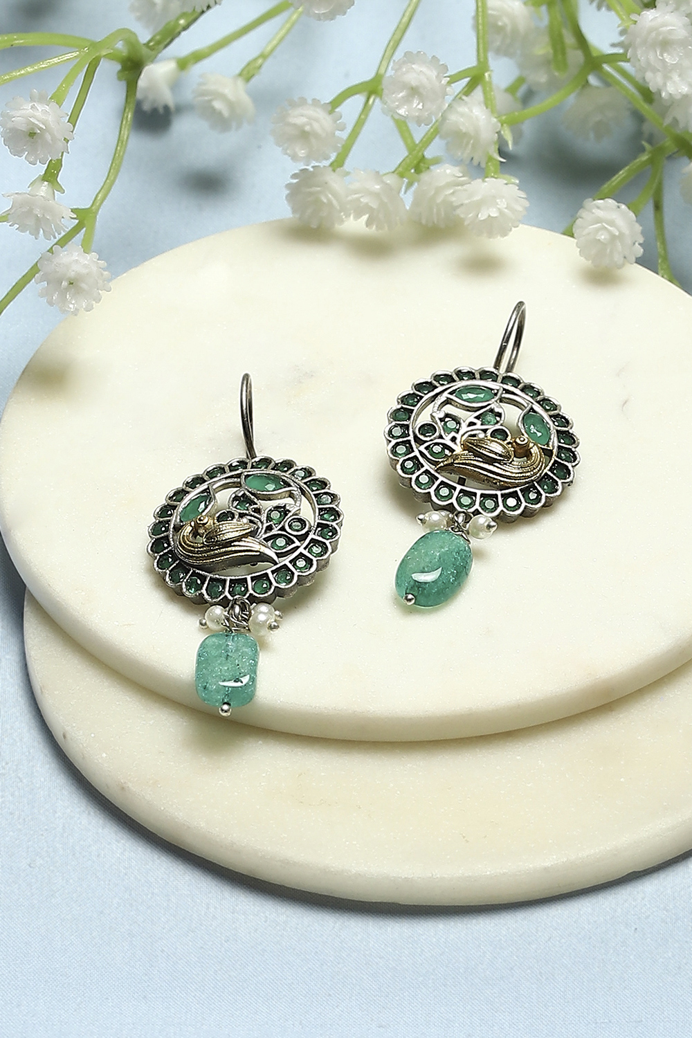 Green Oxidised Stone Studded Circular Danglers image number 0