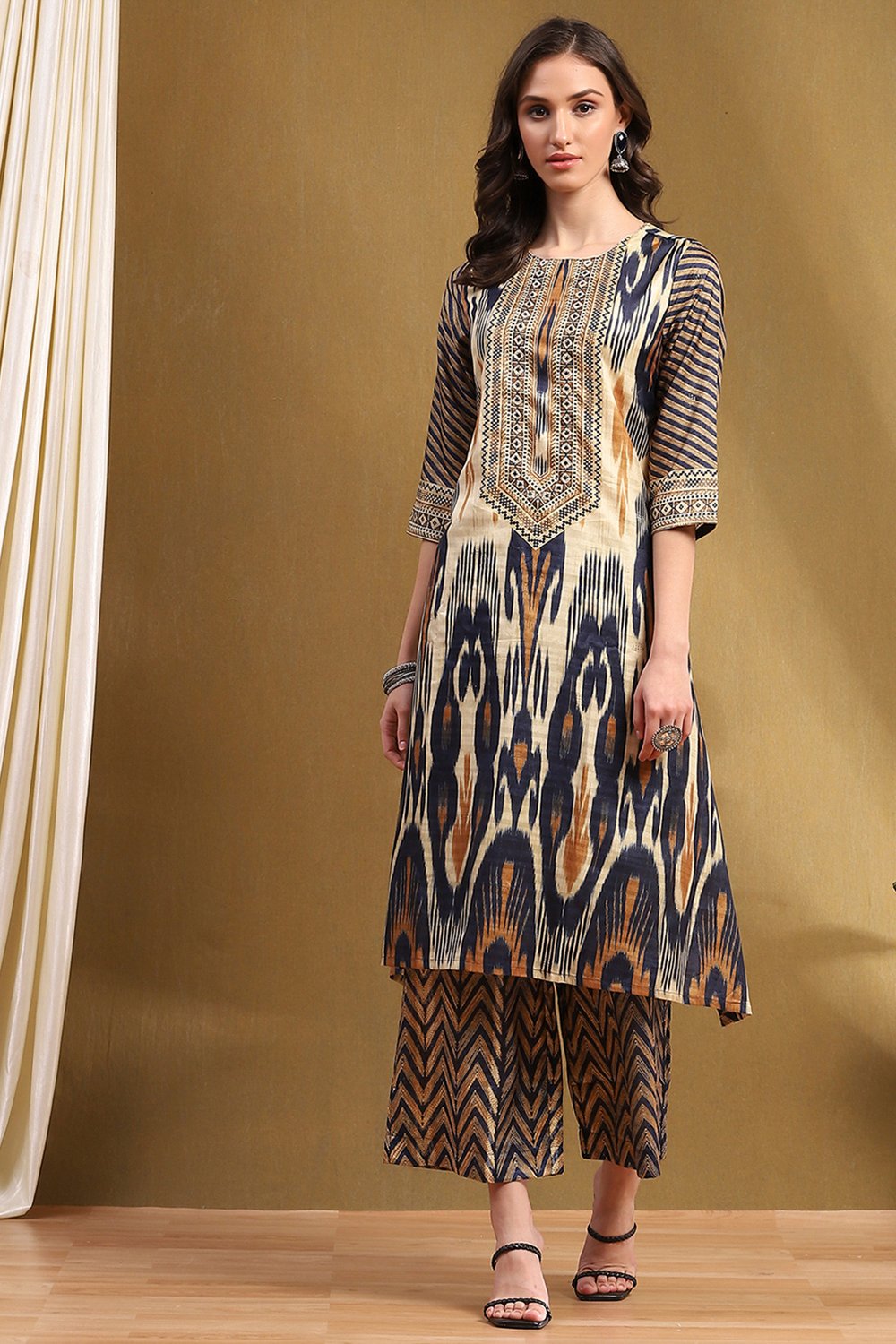 Beige Polyester Blend Asymmetric Kurta Set image number 6