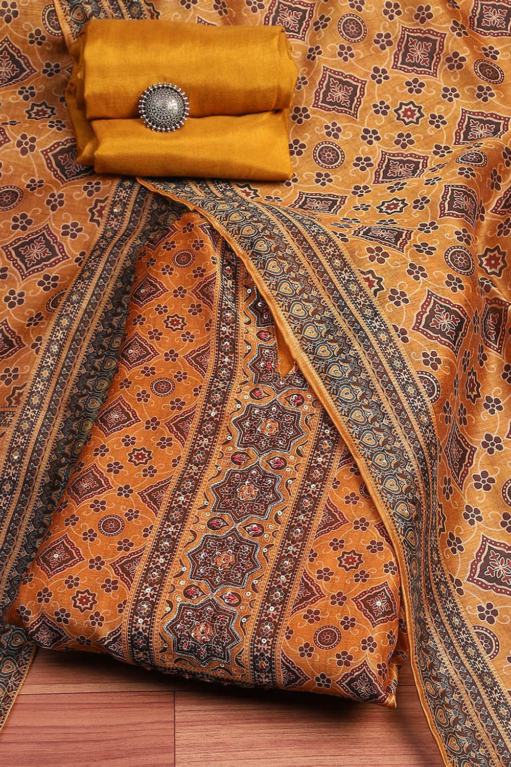 Mustard Yellow Chanderi Printed Unstitched Suit Set image number 0