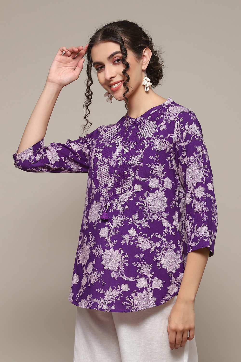 Pink & Purple LIVA Straight Printed Kurti image number 2