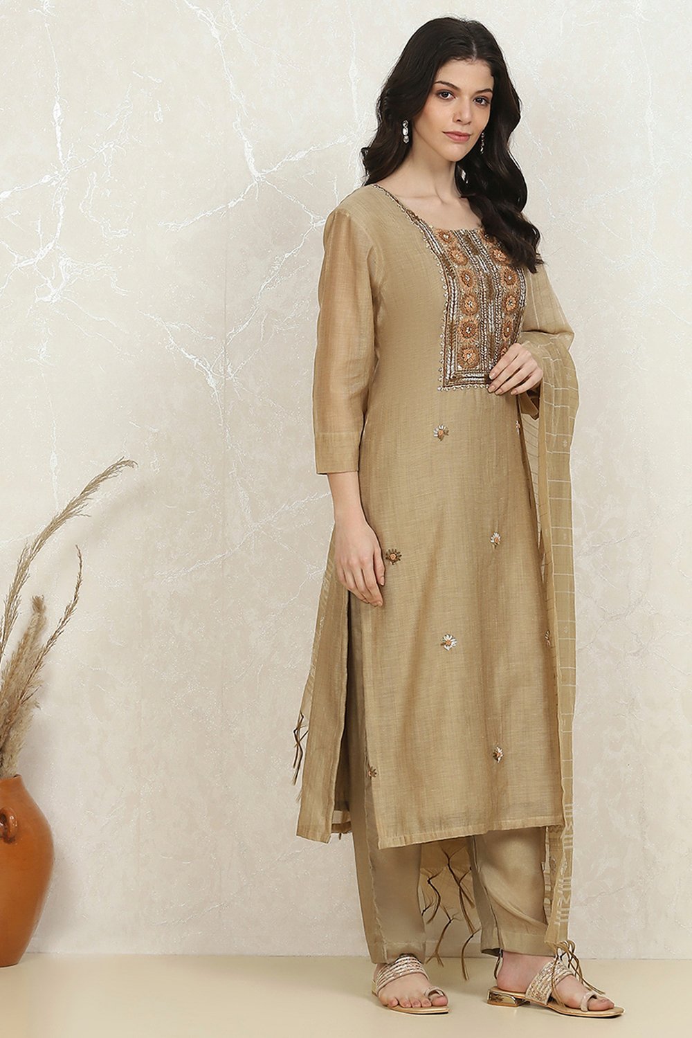 Beige Cotton Hand Embroidered Unstitched Suit Set image number 6