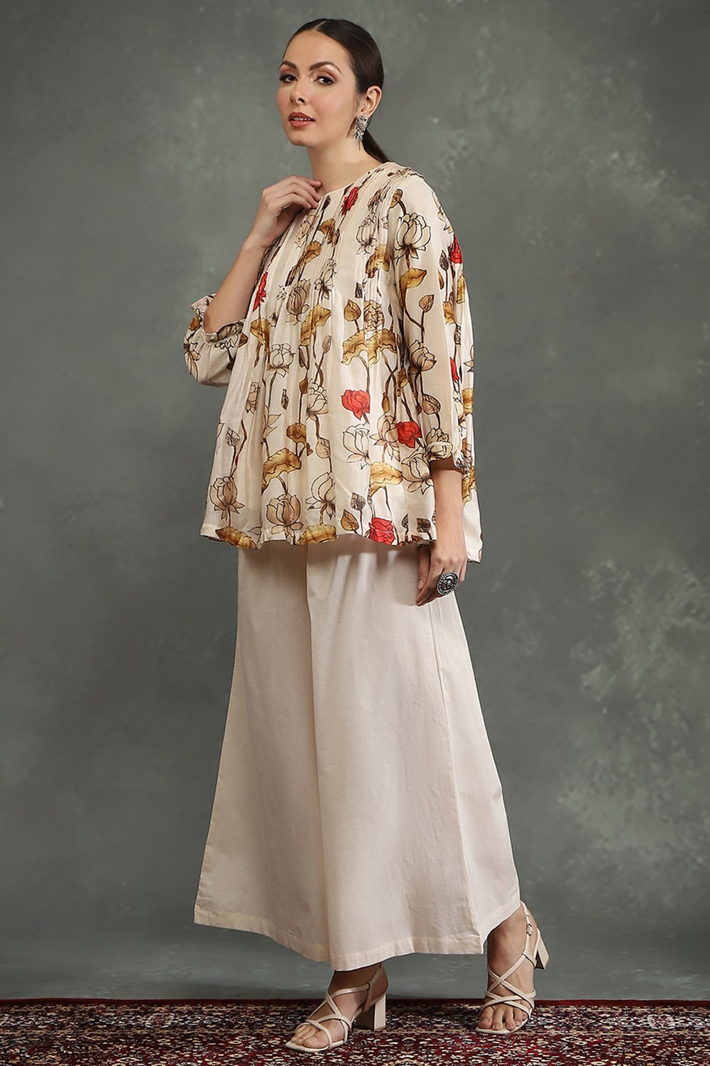 Rohit Bal Cream-Colored Silk Chanderi Floral Printed Gathered Co-ord Set image number 3