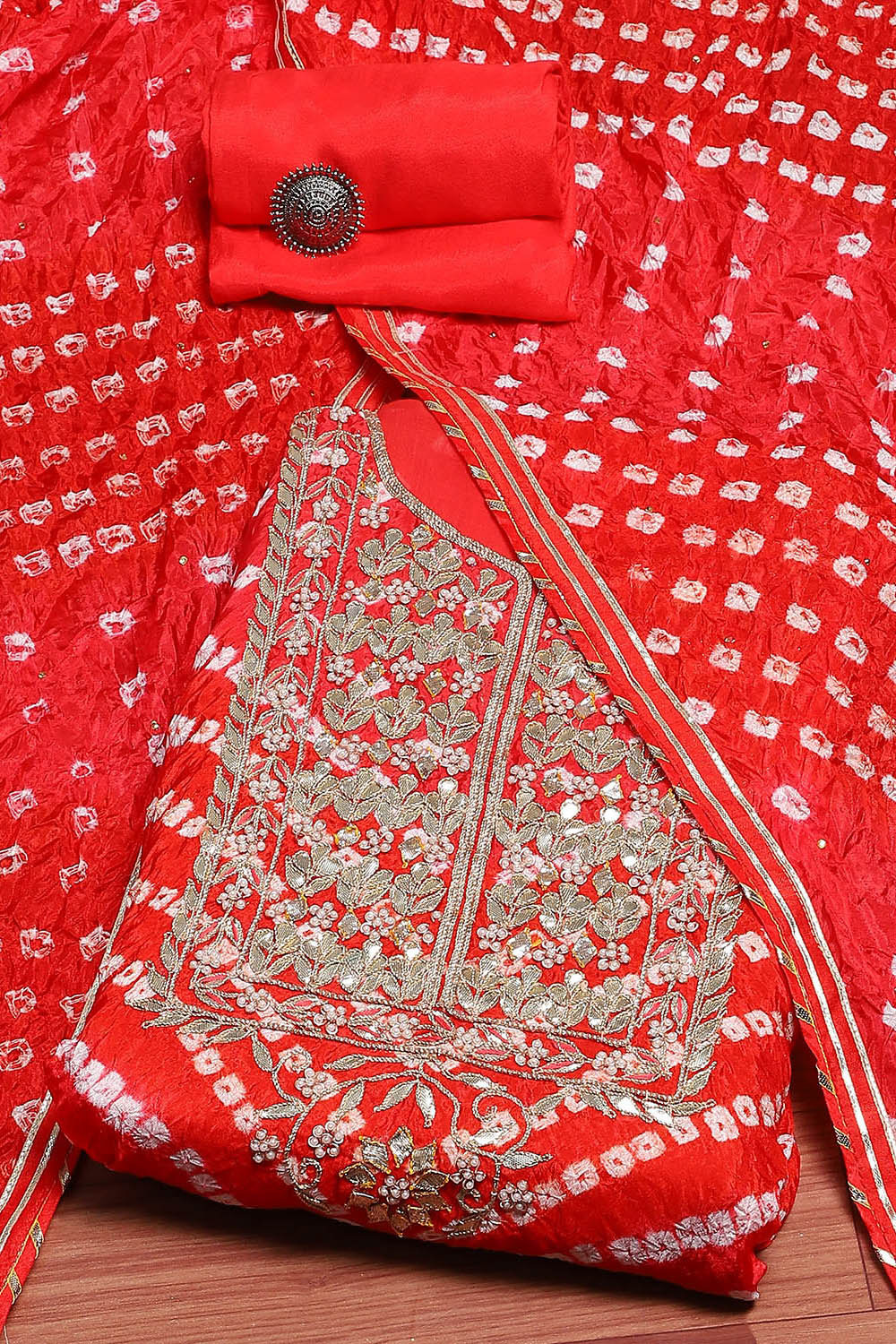 Orange Silk Blend Bandhej Unstitched Suit Set image number 0