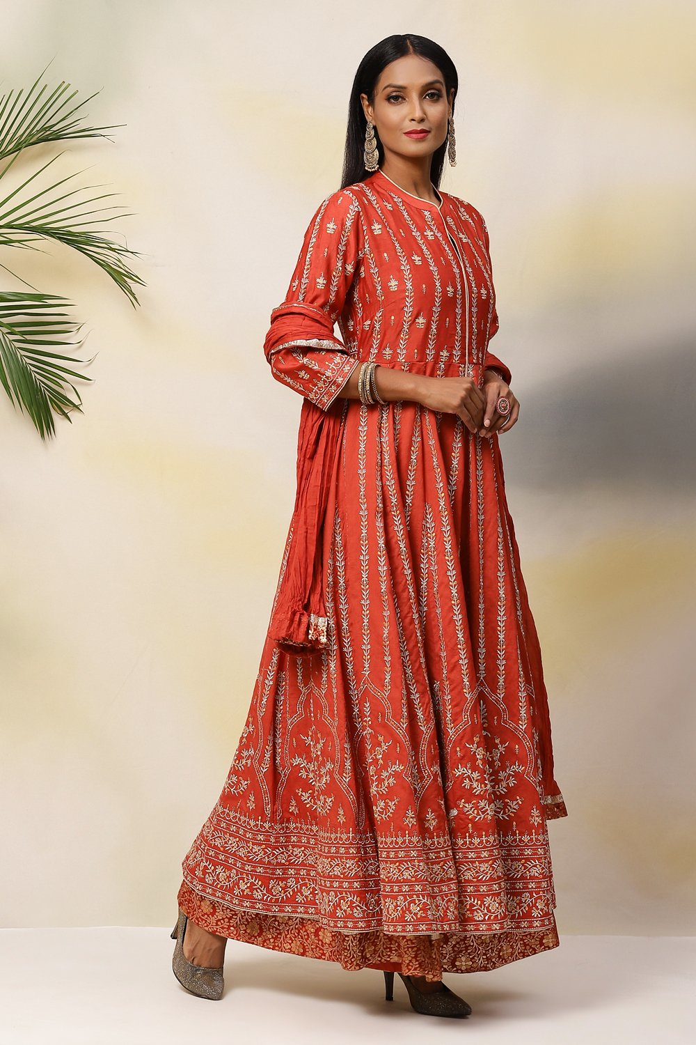 Terracotta Cotton Silk Anarkali Kurta Sharara Suit Set image number 6