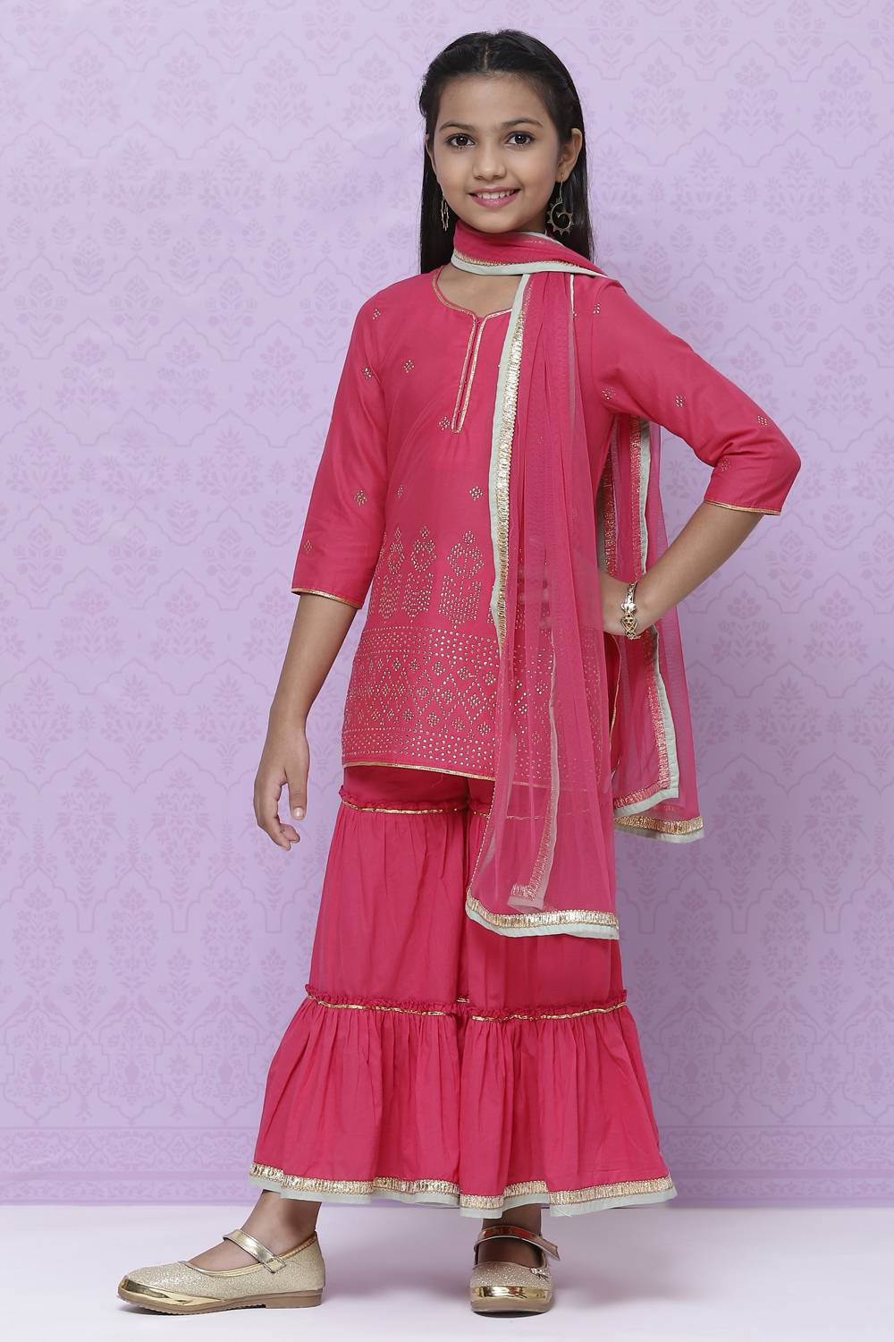 Fuchsia Cotton Girls Straight Kurta Sharara Suit Set image number 4