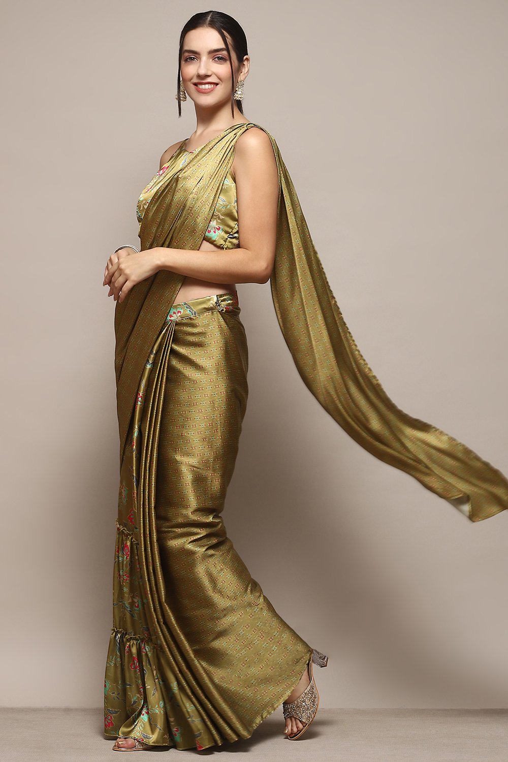 Plum Pre-Draped Saree & A Stitched Blouse With Floral Prints image number 0