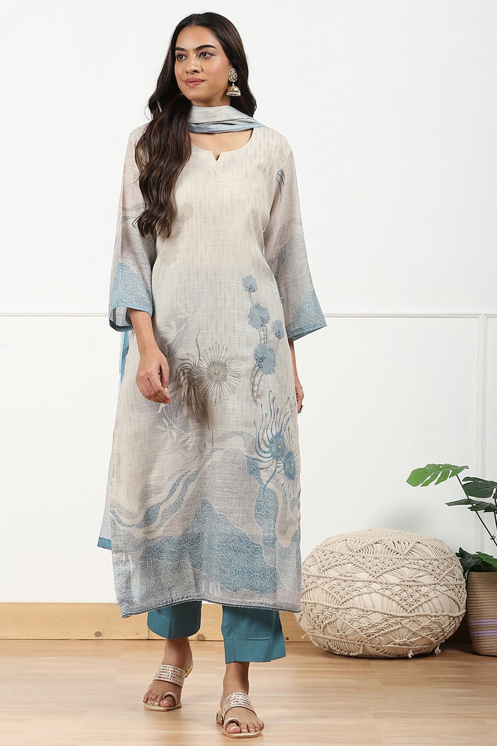 Teal Linen Printed  Embroidered Unstitched Suit Set image number 1